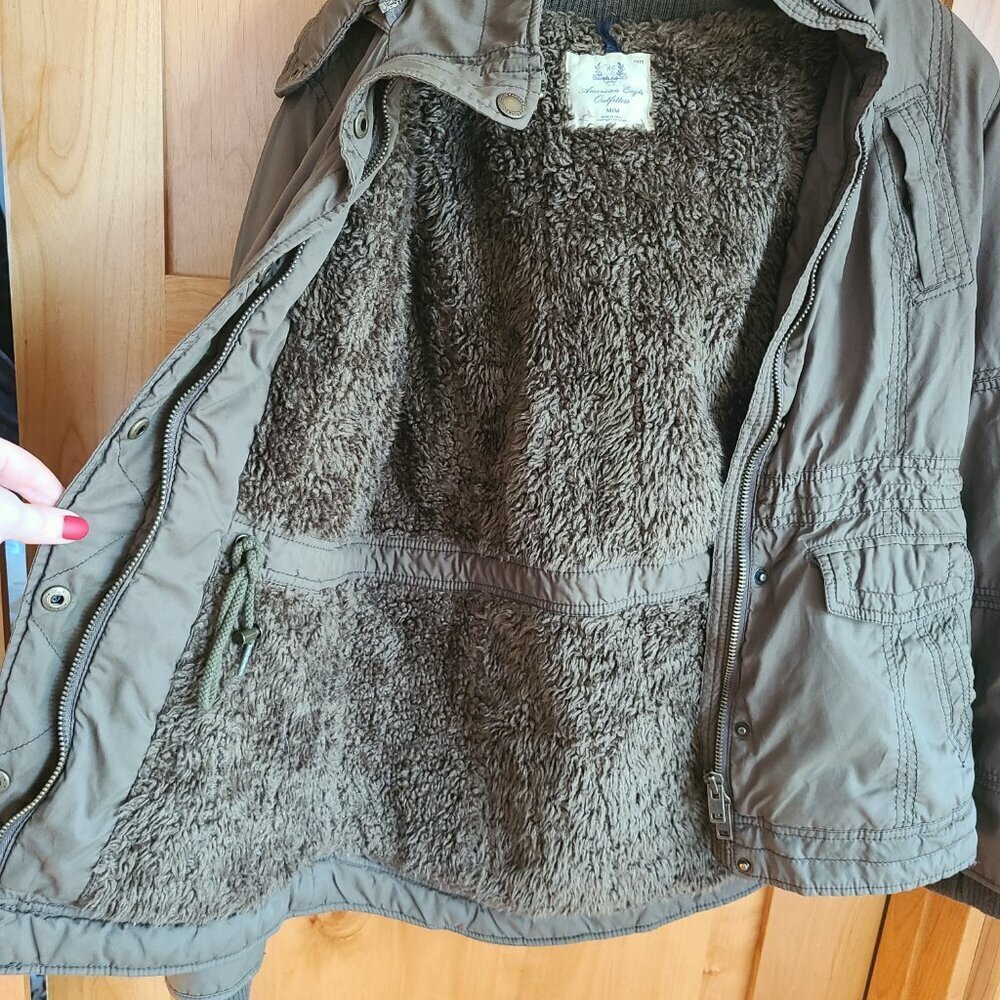 American Eagle Y2K Army Green Military Parka‎ Jacket Faux Fur Hood Sherpa MEDIUM - Picture 2 of 14